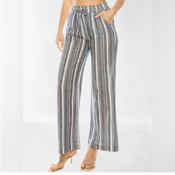 BRIGGS wide leg pull on high rise stripe Gray Linen palazzo pant coastal Beach L - Picture 1 of 11